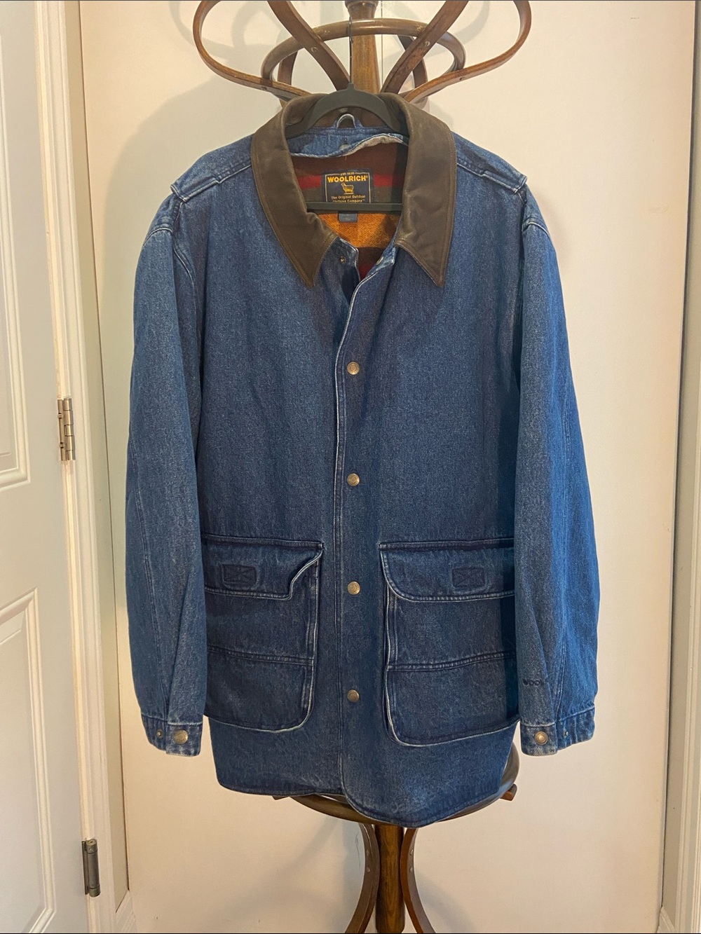 Woolrich Dark Blue Denim Barn Jacket with Brown Leather Collar